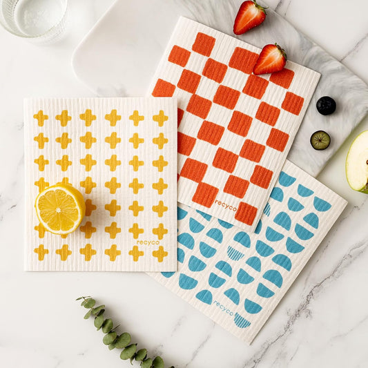 RECYCO Swedish Dishcloths for Kitchen | 6 Pack Modern Geo Washable Dish Rags | Cellulose Reusable Cleaning Paper Towels | Absorbent Counter Dish Cloth Sponge Kitchen Wipes, 8" L x 7" W