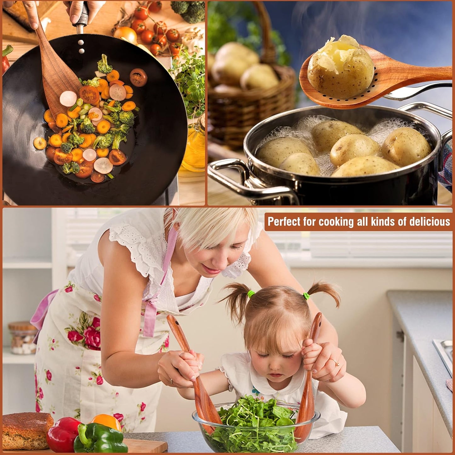 12 Piece Wooden Spoons for Cooking, Wooden Utensils for Cooking with Utensils Holder, Natural Teak Wooden Kitchen Utensils Set with Wooden Spoon Rest, Comfort Grip