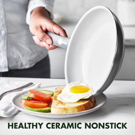 GreenPan Dover Healthy Ceramic Nonstick, 8" Frying Pan Skillet, PFAS-Free, Dishwasher Safe, Comfort Grip Handle, Grey (Pack of 4)