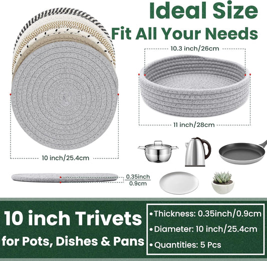 10 Inch Trivets for Hot Dishes, Hot Pots and Pans, Extra Large Thick Heat Resistant Large Coaster, Hot Pads, Kitchen Essentials, Pot Holders for Countertop with Storage Basket, 5 Pcs