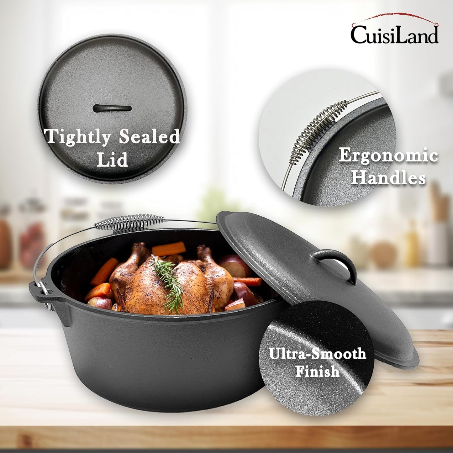 Cuisiland 9 Quart Cast Iron Dutch Oven with Dome Lid & Bail Handle – Pre-Seasoned Campfire Pot for Outdoor Cooking, Baking, Braising & Stews – Heavy-Duty, Even-Heat Casserole Pot for Camping & Home Use