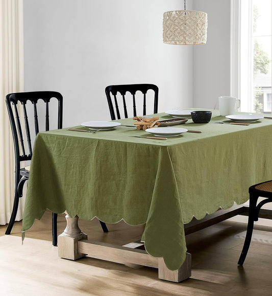 100% French Flax Linen Tablecloths Scalloped Embroidery Rectangle 120Lx60W Inch for Dinners, Parties, Spring, Machine Washable, 10-12 Sets, Olive Green(Edges-Gold)