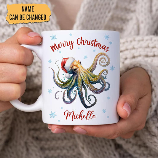 Hyturtle Personalized Gifts Octopuses Lover - Merry Christmas Customized Name Ceramic Coffee Mug Cup 11oz - Cute Sea Animal Lovers Gifts For Women, Girl kids Family On Birthday, Christmas