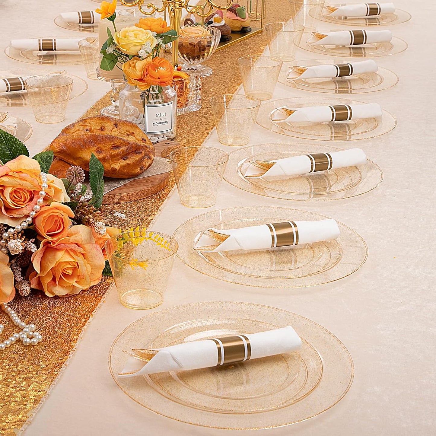 DaYammi 112Pcs Gold Glitter Plastic Plates,Gold Disposable Dinnerware-Thanksgiving Plastic Plates Includes 16 Dessert Plate,16 Dinner Plate,16 Per Rolled Napkins with Cutlery and Cups for Party