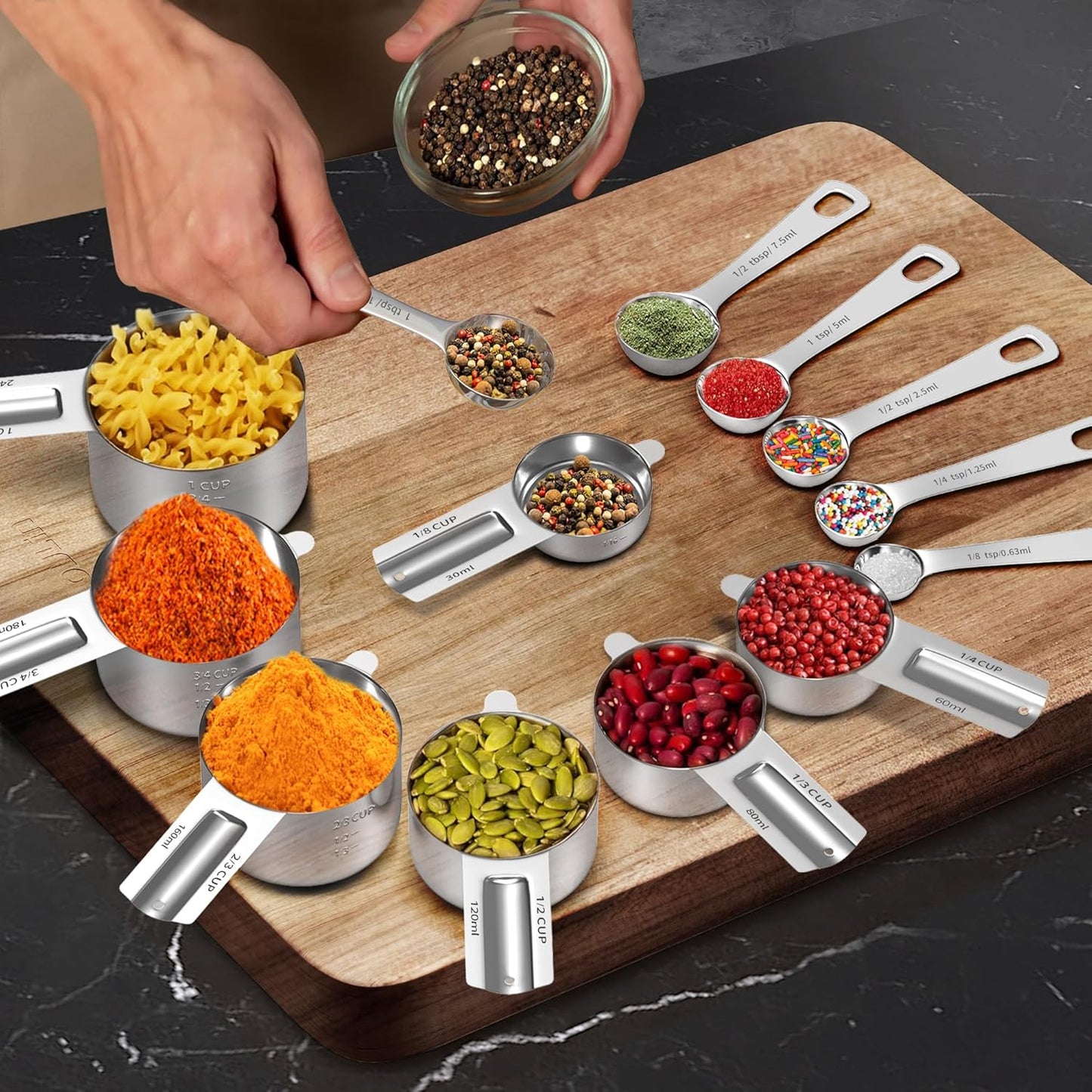 Measuring Cups and Spoons Set, Stainless Steel Measuring Cups Measuring Spoons with Easy to Read Markings, Ideal Kitchen Gadgets for Cooking & Baking, 13 Pack