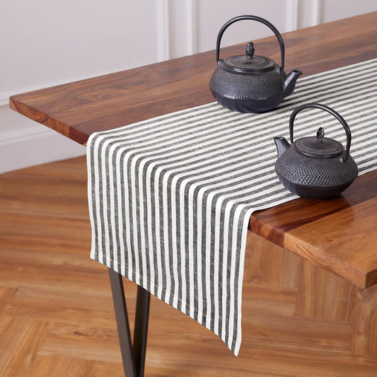 Solino Home Linen Table Runner 120 Inches Long - Amalfi Stripe, 100% Pure Linen Black and White Farmhouse Table Runner 16 x 120 Inch for Dining, Fall, Autumn, Halloween, Thanksgiving