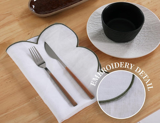 100% French Flax Linen Cloth Napkins Scalloped Embroidery 20’’x20’’ for Dinners, Parties, Weddings, Decorative Halloween, Spring, Easter, Set of 4 Pcs,White(Edges-Green)