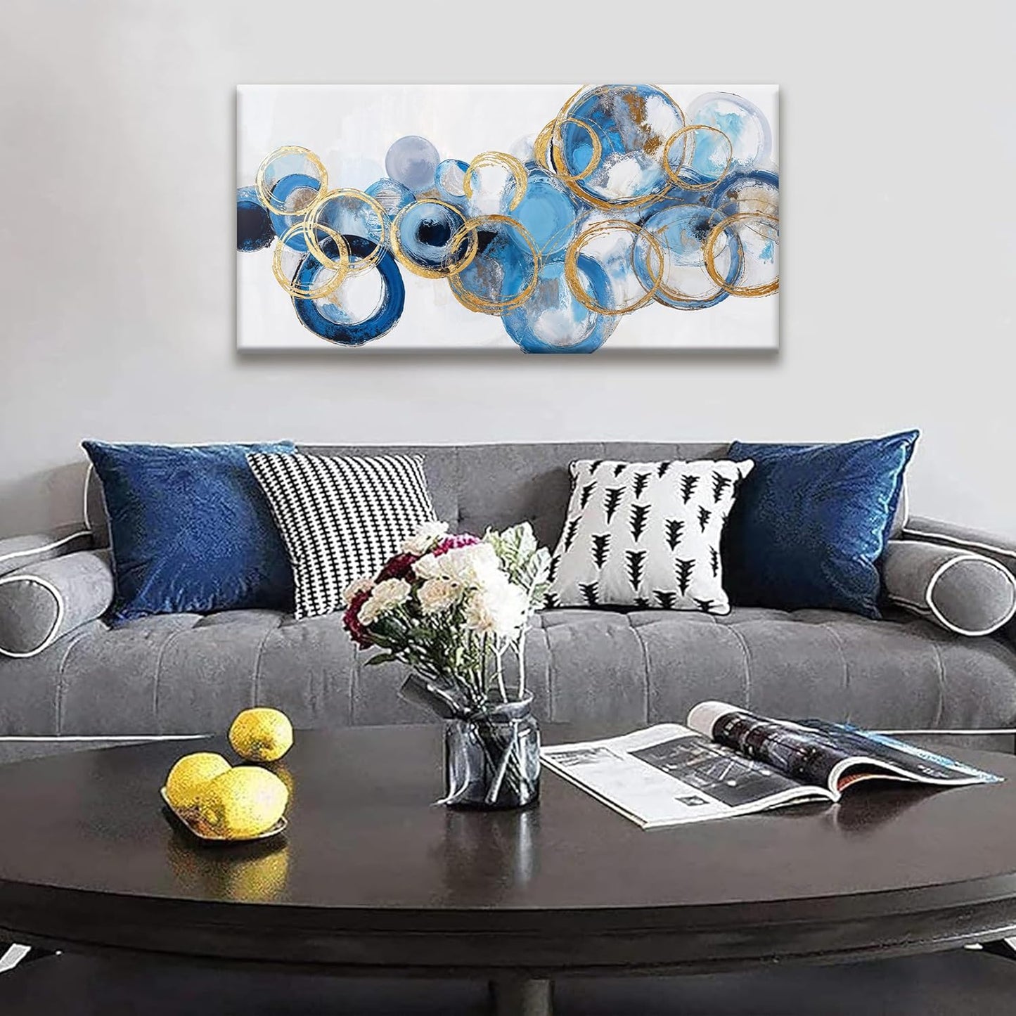 Suconvng Canvas Wall Art Decor Artwork Modern Paintings Abstract Wall Decor Maximalist Blue Gold Circle Abstract Wall Art Prints Picture For Bedroom Kitchen Office Artwork Ready To Hang 20" × 40"