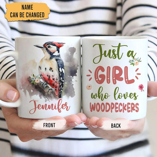 Hyturtle Personalized Gifts Woodpecker Lover - Just A Girl Who Loves Woodpeckers Custom Name Ceramic Coffee Mug Cup 11oz - Idea Cute Animal Lover Gifts For Women, Girl Daughter On Birthday, Christmas