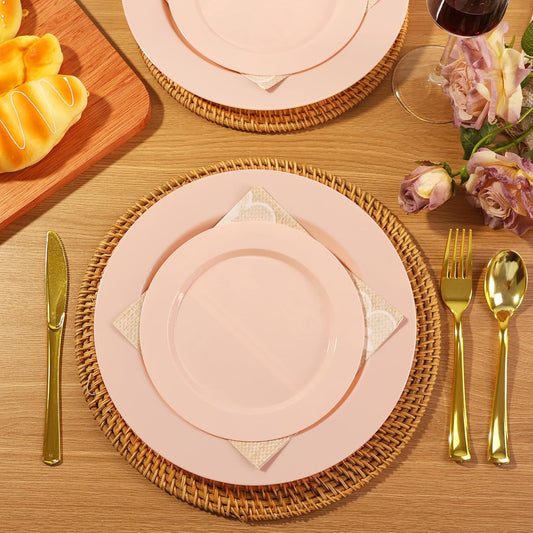 60 PCS Pink Plastic Plates, Plastic Disposable Plates Include 30 Dinner Plate and 30 Dessert Plate Perfect for Holiday, Birthday, Wedding & Party