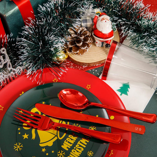WDF 175pcs Christmas Plates Plastic Disposable - 25Green Plates 25Red Plates with Gold Bells, 75Red Plastic Silverware, 25Clear Cups Red Rim and 25Christmas Tree Napkins for Parties