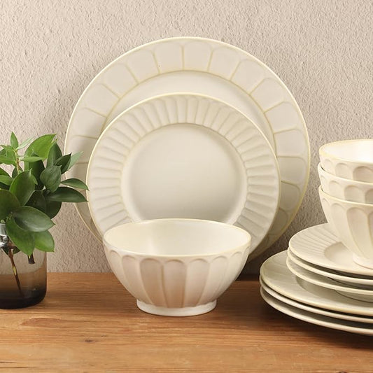 Gibson Elite Winchester Way 12-Piece Embossed Stoneware Dinnerware Set – Reactive Matte Glaze, Durable Lightweight-Tech Plates & Bowls, Everyday Dish Set, Microwave & Dishwasher Safe – Off-White