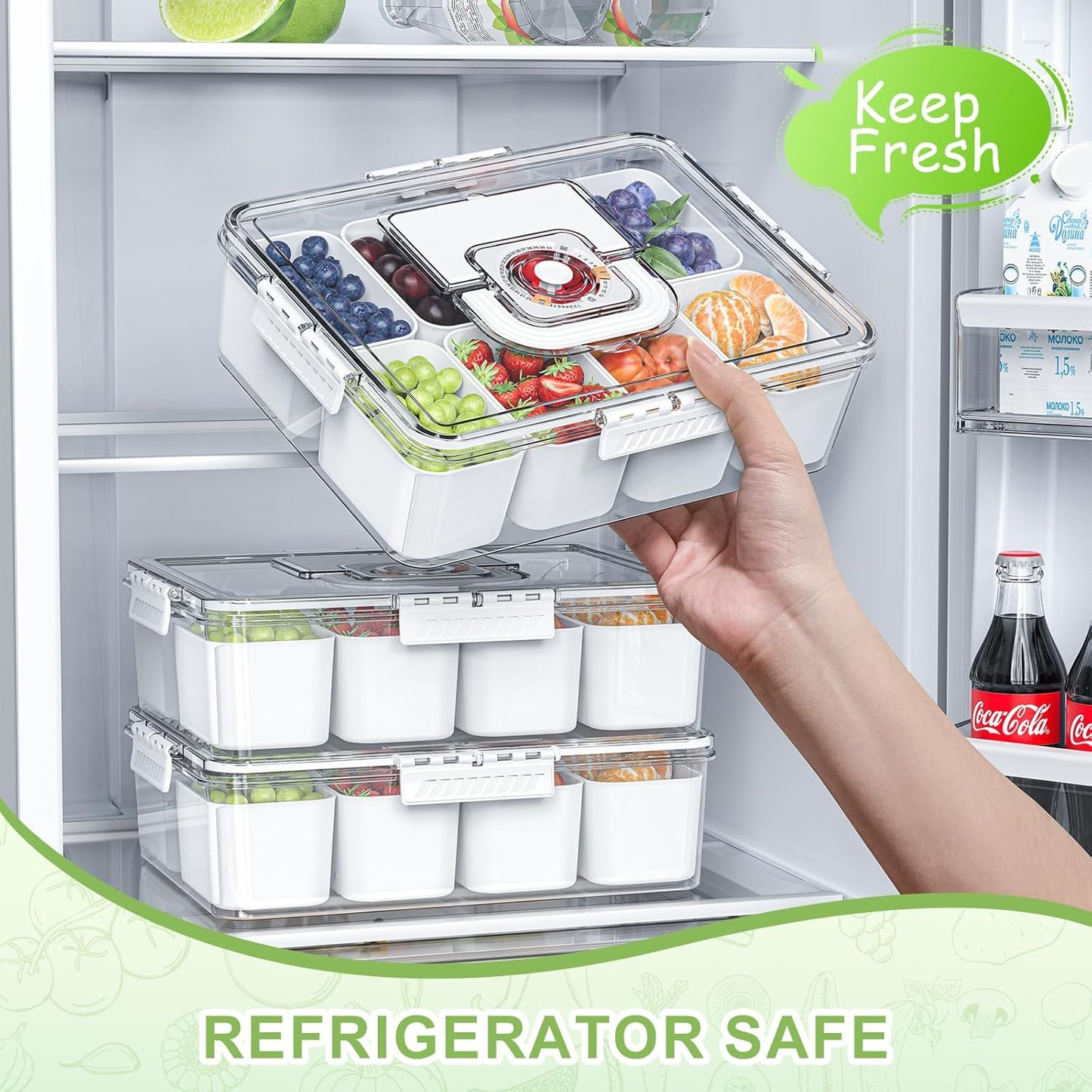 Chilled Snackle Box Container with Ice Pack, Charcoolerie Chilled Portable Serving Tray with Lid and Handle, 8 Compartment Snack Container for Charcuterie Snack Road Trip Picnic Keep Fresh