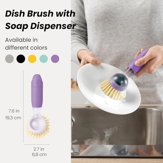 Vigar Rengo Soap Dispensing Dish Brush, Dish Brush with Soap Dispenser for Pot Scrubber, Dishes, Sink Cleaner, and Kitchen Essentials, Purple