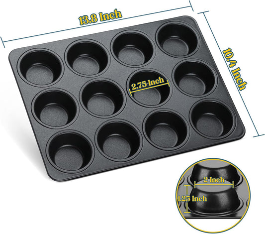 E-far Nonstick Muffin Pans 12 Cups, Stainless Steel Muffin Tin Cupcake Pan Tray for Baking, Stainless Steel Core & Non Toxic, Easy Release & Easy Clean, Black