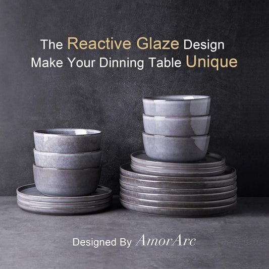 AmorArc Stoneware Dinnerware Sets,Round Reactive Ceramic Plates and Bowls Sets,Highly Scrath Resistant | Dishwasher & Microwave Safe Dishes,Service for 6 (18pc)