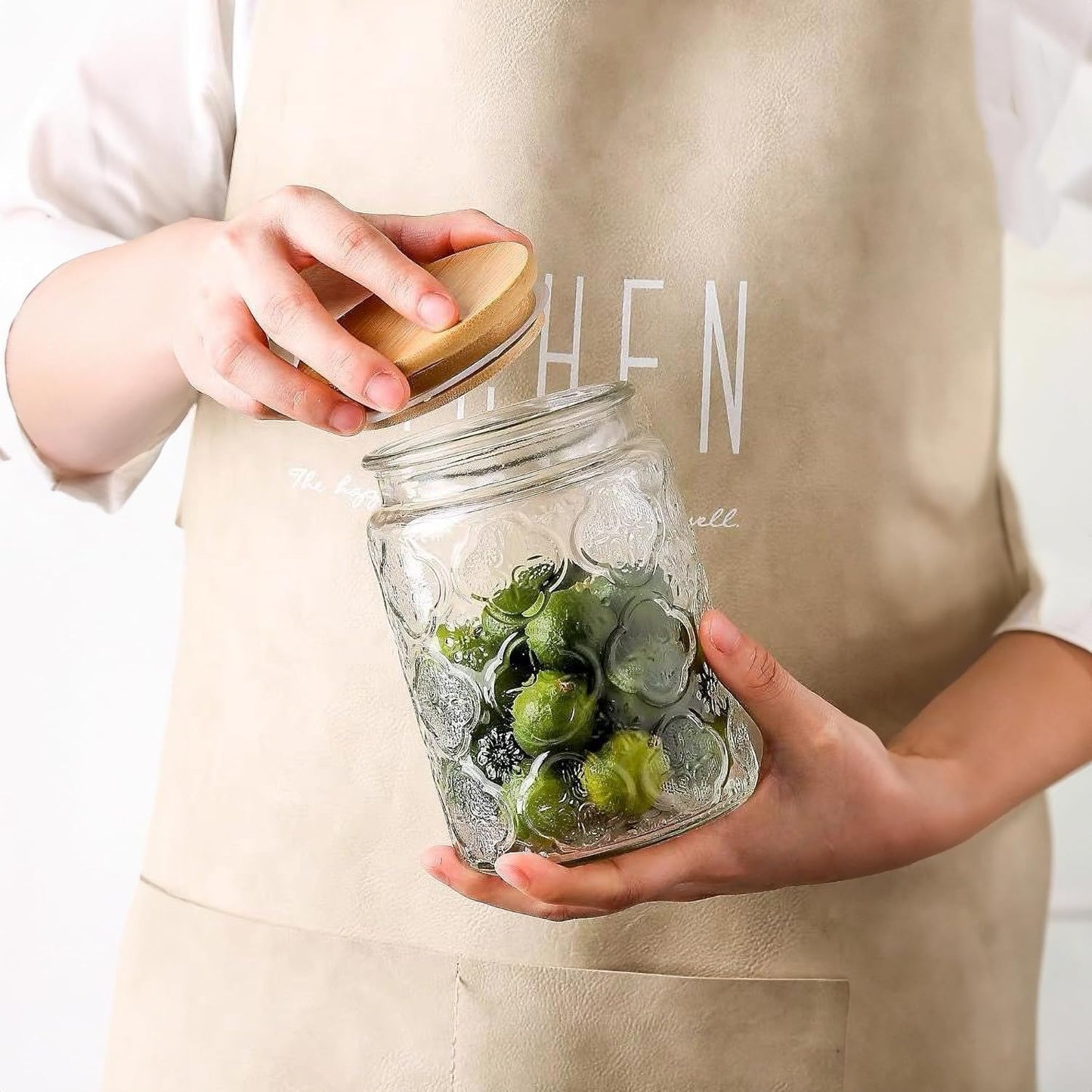 Glass Storage Jars With Airtight Lid, 35oz Canister For Kitchen Counter with Bamboo Lid, brown sugar, candy, coffee, cookie, salt, tea,pantry cute Jar (35oz Large Begonia Flowers)