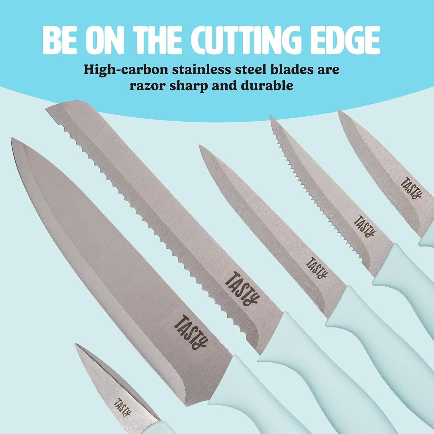 Tasty Kitchen Knife Set with Block, Cutlery Set includes Chef, Bread, Utility, Paring, Steak Knives & Shears, 10-Piece, Aqua