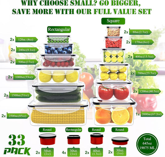 RockBerry 66 Pcs Large Food Storage Containers with Lids Airtight-Total 19075ML Stackable Kitchen Bowls Set(31 Containers,31 Lids) 2500ML to Small Box-BPA Free Leak proof Plastic Boxes-Microwave safe
