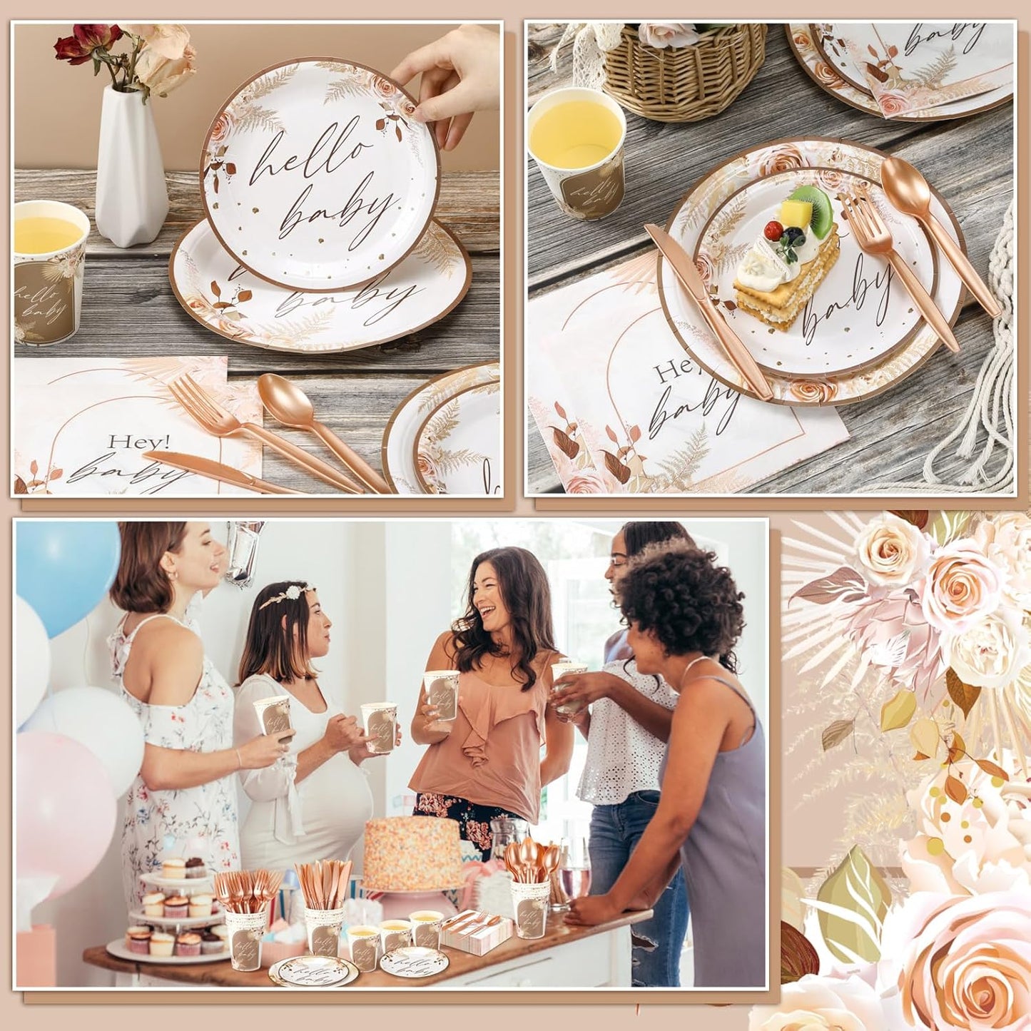 Dandat 350 Pcs Baby Shower Plates Set Baby Shower Party Supplies Serves 50 Tableware Sets Include Plates Napkin Cup Forks Knives Spoons Disposable Dinnerware(Boho Pampas Grass,Brown)