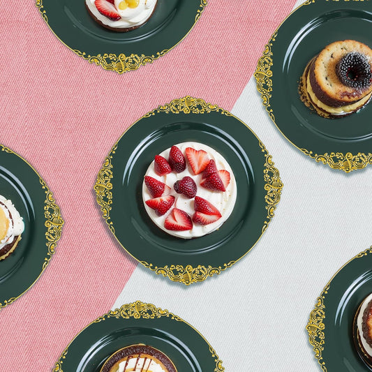 125PCS Green and Gold Plastic Plates - Fancy Green Disposable Plates - Vintage Christmas Plate with Gold Plastic Silverware Set for 25 Guests for Party Xmas Holiday