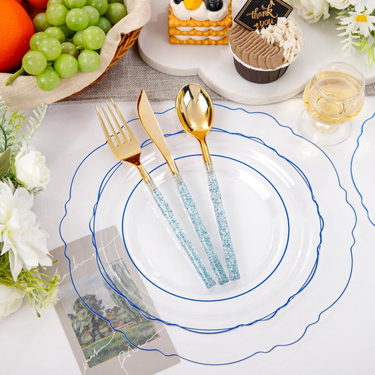Liacere 150PCS Clear and Blue Plastic Plates-Clear and Blue Disposable Plates with Glitter Bamboo Handle Cutlery-60 Baroque Elegant Plates, 30 Forks, 30 Spoons, 30 Knives for Wedding&Back to School