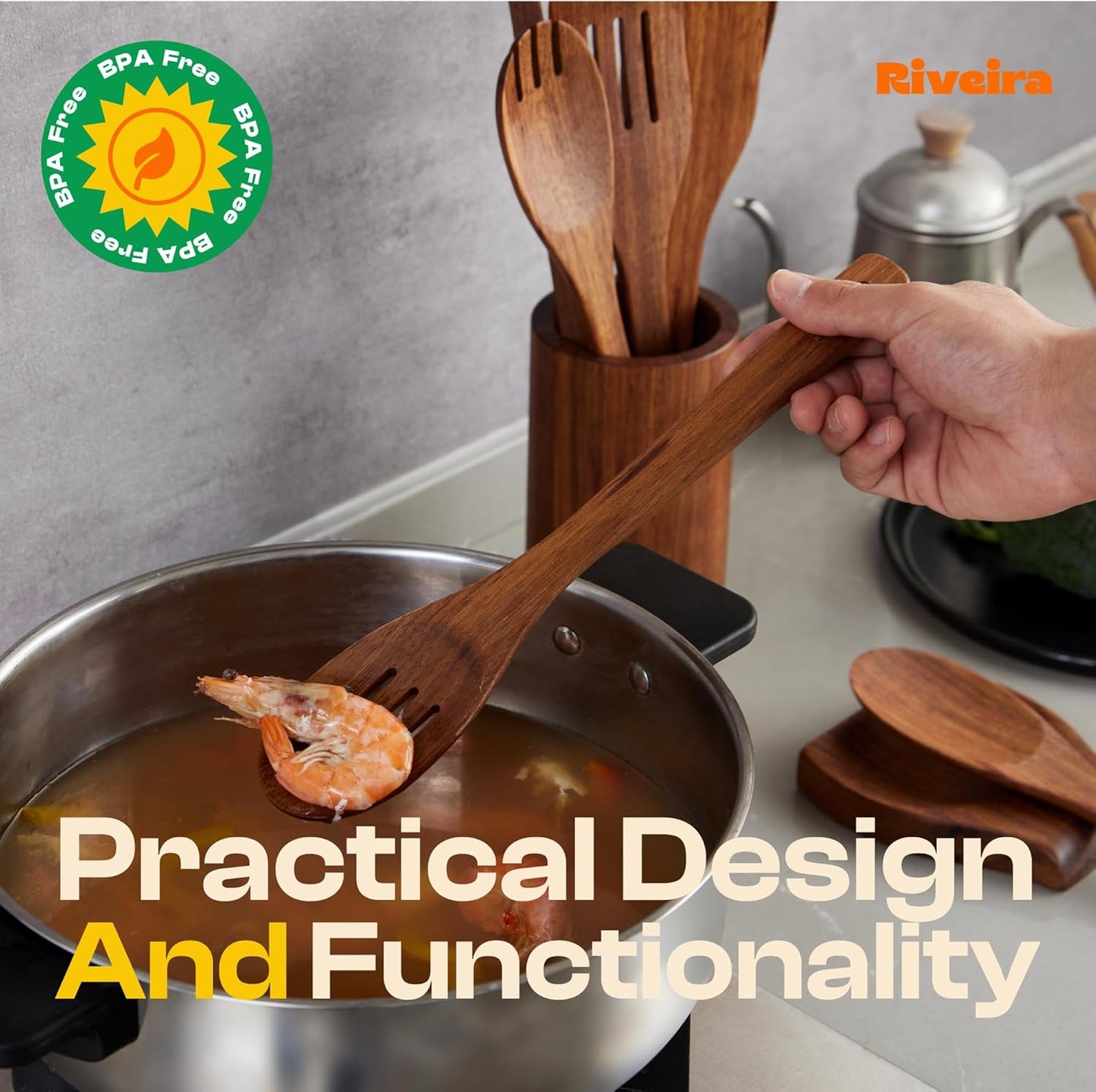 Riveira Teak Wooden Cooking Utensils Set of 9 Premium Quality Non-Toxic Wooden Spoons & Spatulas for Cooking, Stirring, Flipping & Serving