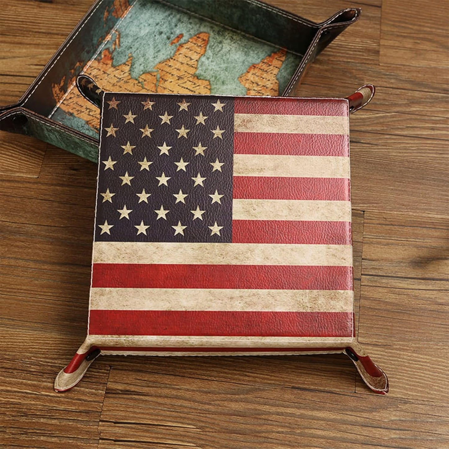 siduater Valet Tray Desktop Storage Organizer, Vegan Leather Catchall Bedside Vanity Tray Nightstand Caddy Holder for Remote Controller, Watch, Keys, Phone, Wallet, Sunglasses, Jewelry - Map