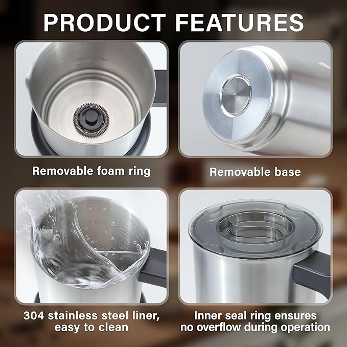 Milk Frother and Steamer, 500ml 4-in-1 Electric Foam Maker with Dial Control & LED Indicator, Hot & Cold Milk Frother, Non-Stick Stainless Steel, Silent, Easy to Clean, for Coffee, Latte, Cappuccino