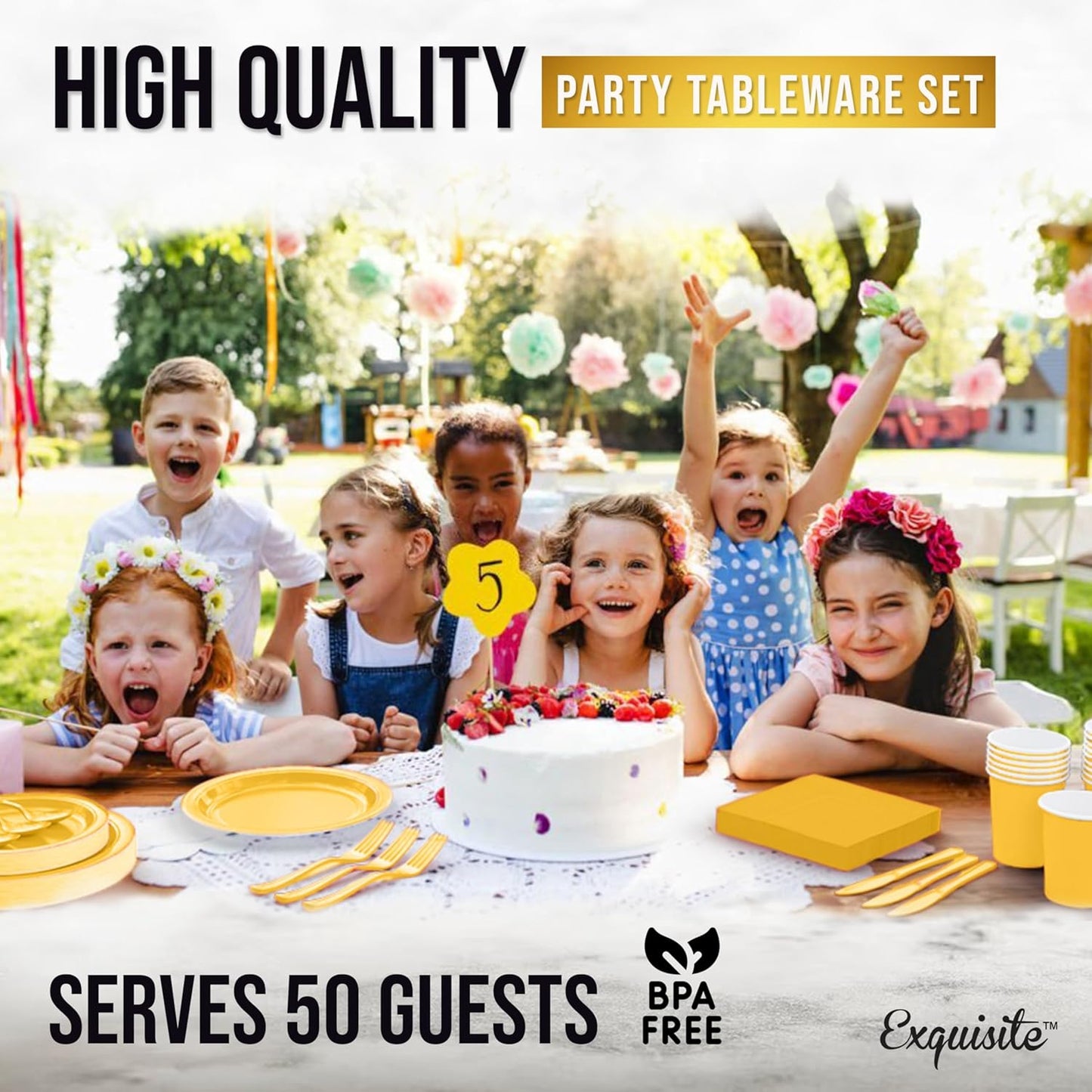 Exquisite 350 Pieces Yellow Paper Plates For Party, Yellow Disposable Plates Set, 50 Of Each 9" Dinner Plate Set, 7" Dessert Plate, Cups, Napkins & Cutlery Paper Dinnerware