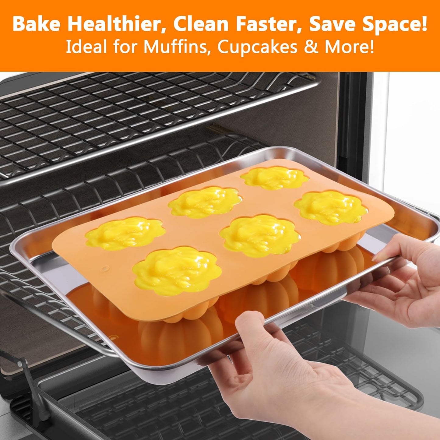 3-Pack 6-Cup Silicone Muffin Pans, Nonstick Cupcake Baking Molds, Muffin Cupcake Pans Molds for Baking, BPA/PFA-Free, Dishwasher & Oven Safe Pumpkin