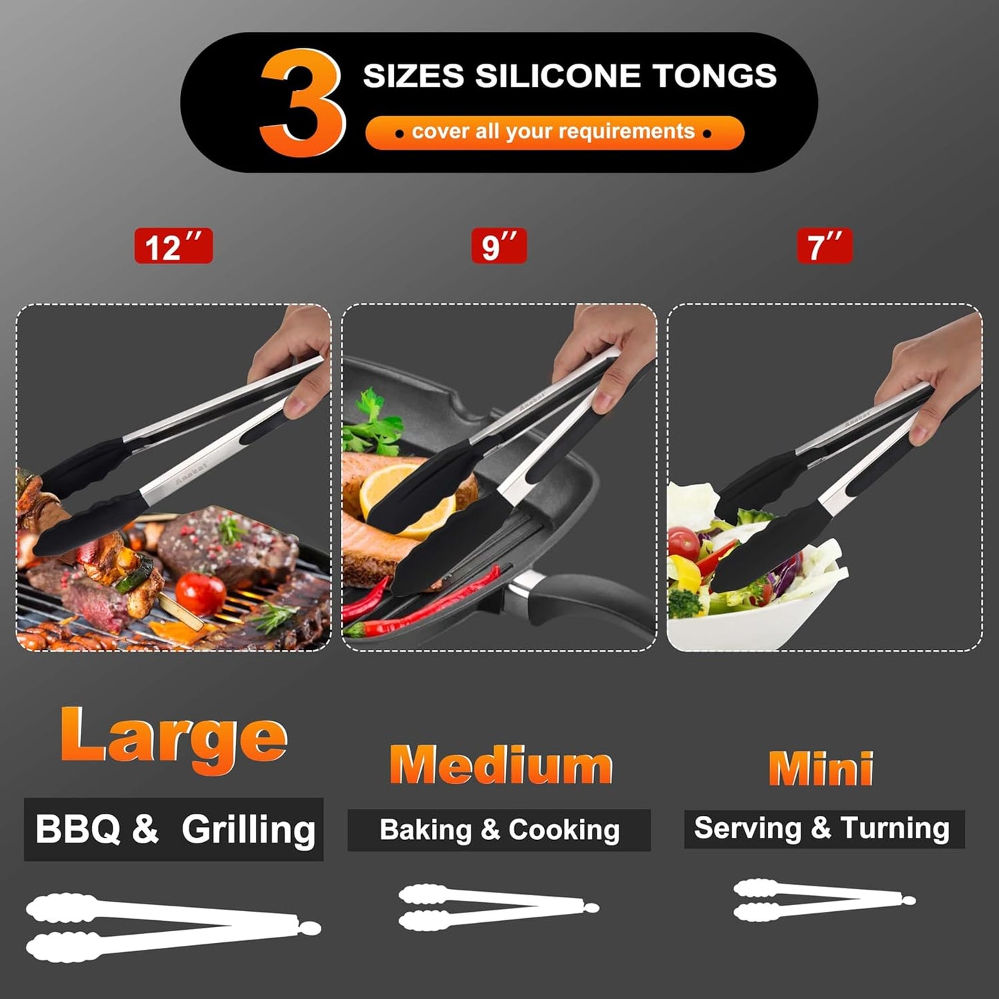 Anaeat Non-Stick Silicone Locking Tong Set of 3 - Stainless Steel 7", 9", 12" Kitchen Food Tongs with Non-Slip Silicone Tips and Grip for Cooking, Baking and BBQ - Heat Resistant up to 480°F (Black)