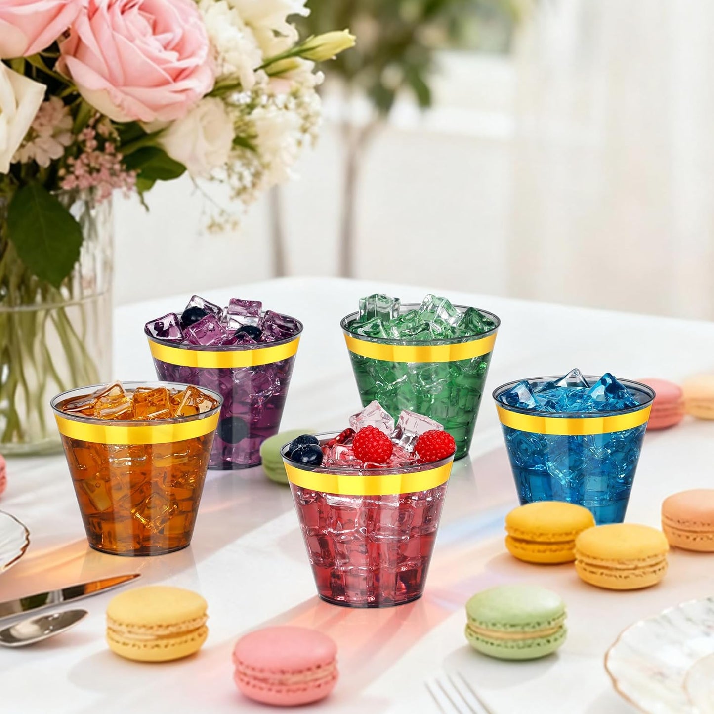 100 Pcs Gold Black Plastic Cups,9Oz Clear Disposable Cups with Gold Rim,Heavy Duty Clear Disposable Plasitc Cocktail Glasses Tumblers Wine Cup for Party,Wedding,Birthday,Christmas