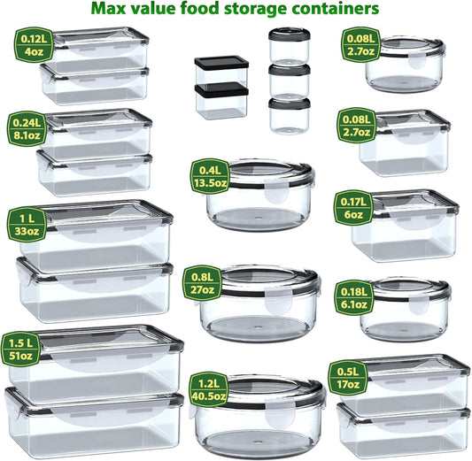 44 Pcs Food Storage Containers with Lids Airtight- 22 Stackable Boxes-22 Lids) Plastic Meal Prep Container for Pantry Kitchen Organization, Microwave, Dishwasher, Freezer Safe -100% Leak Proof