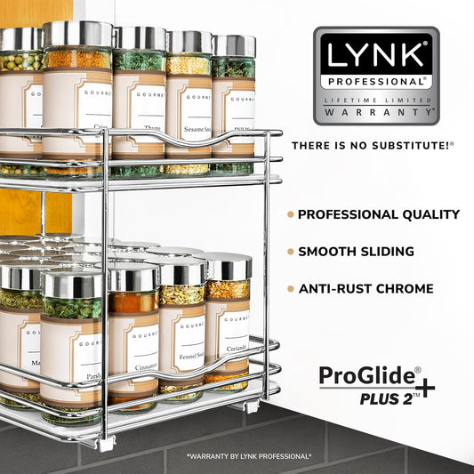 LYNK PROFESSIONAL® Pull Out Spice Rack Organizer for Inside Kitchen Cabinets - 8-1/4 inch Wide - Slide Out Drawer – Chrome Sliding Spice Cabinet Organization Shelf Racks - 2 Tier