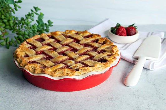 KooK Deep Dish Pie, Pecan Dessert Dish, Porcelain, Ceramic, Deep Dish Plate 10 Inch, Apple Pie, Ruffled Wave Edge, Reusable Round Pan, Oven and Dishwasher Safe, 44 Oz, (Cherry)