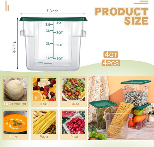 Maxcheck 4 Pcs 4Qt Food Storage Container with Lids Set Square Clear Commercial Containers with Scale and Handle Space Saving for Home Kitchen Restaurant Proof Dough Marinating Meat (Green)