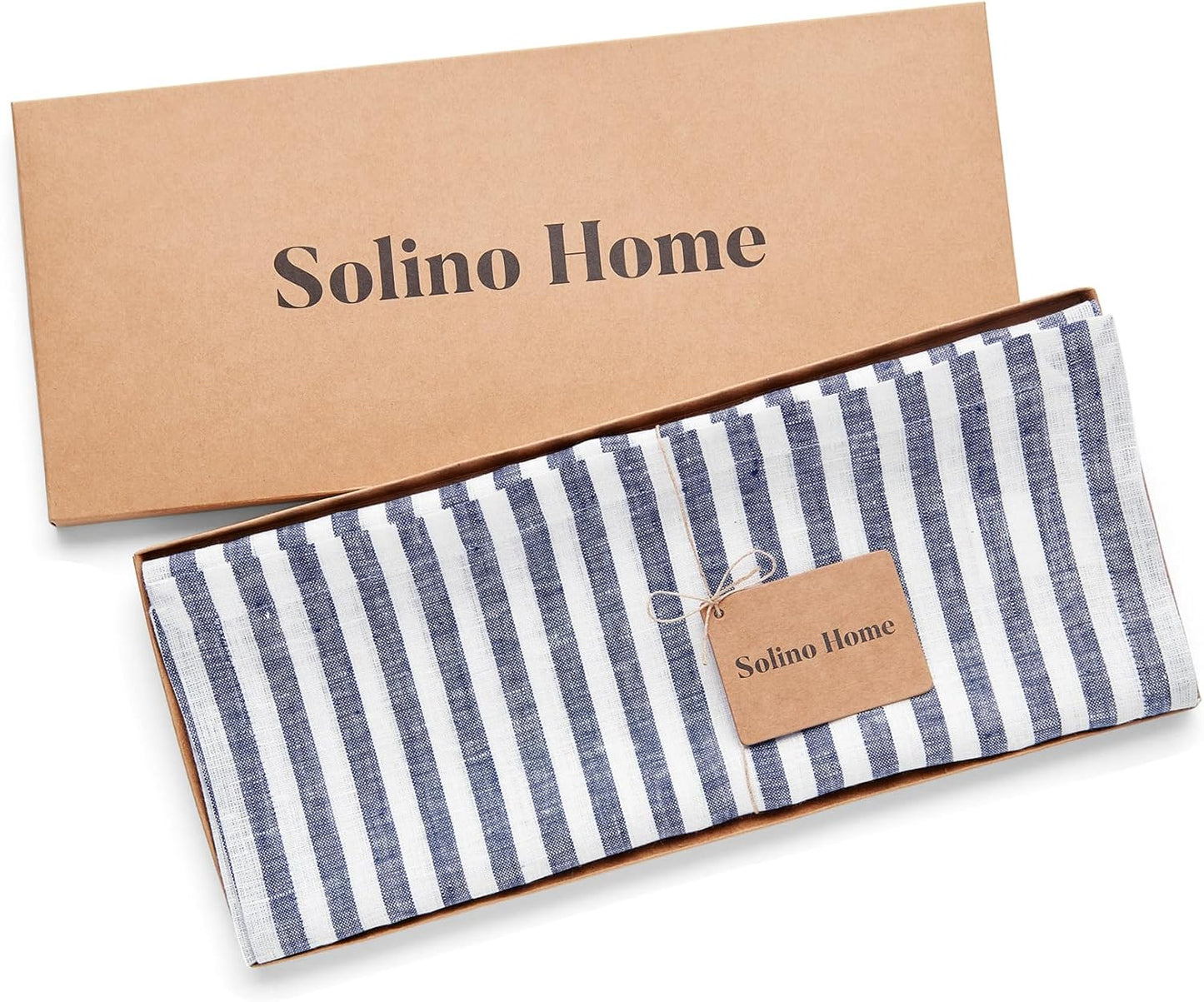 Solino Home Linen Table Runner 144 Inches Long - Amalfi Stripe, 100% Pure Linen Navy and White Table Runner 14 x 144 Inch for Dining