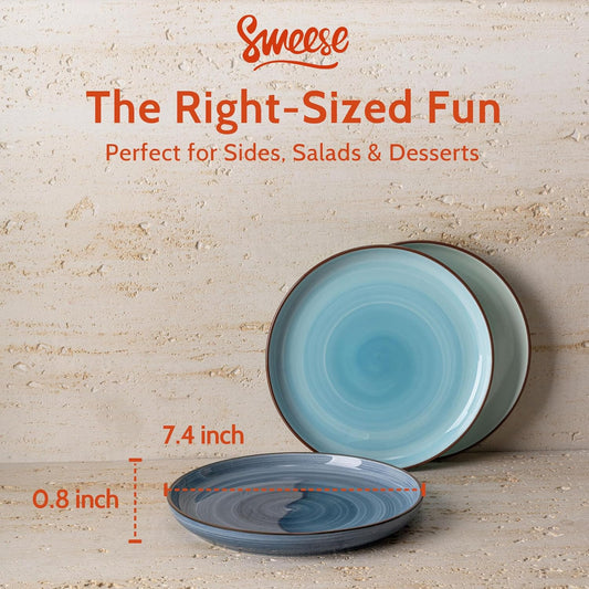 Sweese Porcelain Dessert Plates 7.4 Inch - Round Salad/Appetizer Plate Set, Microwave Dishwasher Safe, Set of 6, Cool Assorted Colors