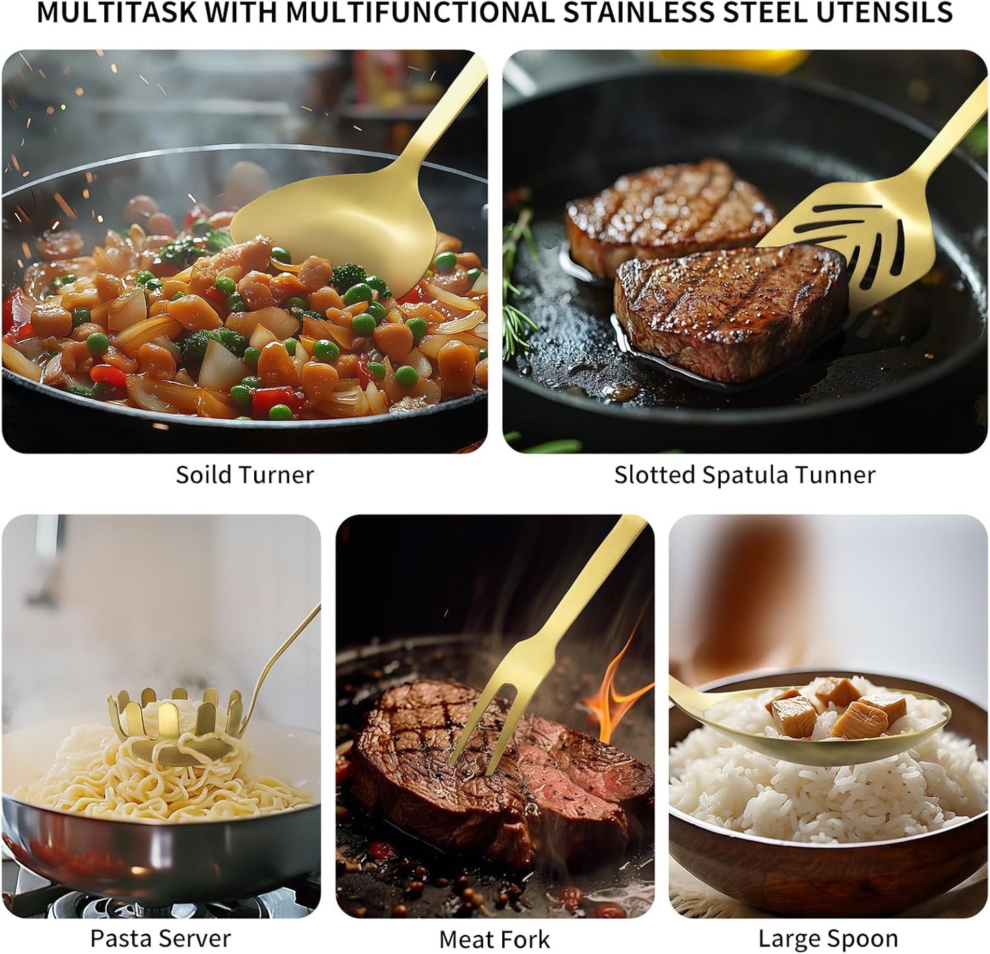 304 Stainless Steel Kitchen Utensil Set - 9pcs Cooking Utensils, Metal Kitchen Utensil Spatula Sets Cookware,High temperature resistance Kitchen Tool Set for Hanging Dishwasher Safe(Gold)