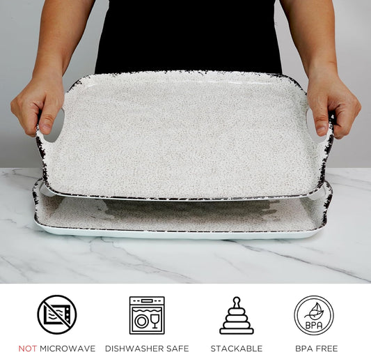 TP Serving Trays with Handles, 19 Inche Large Rectangular Melamine Serving Platter Set of 2, Rustic White