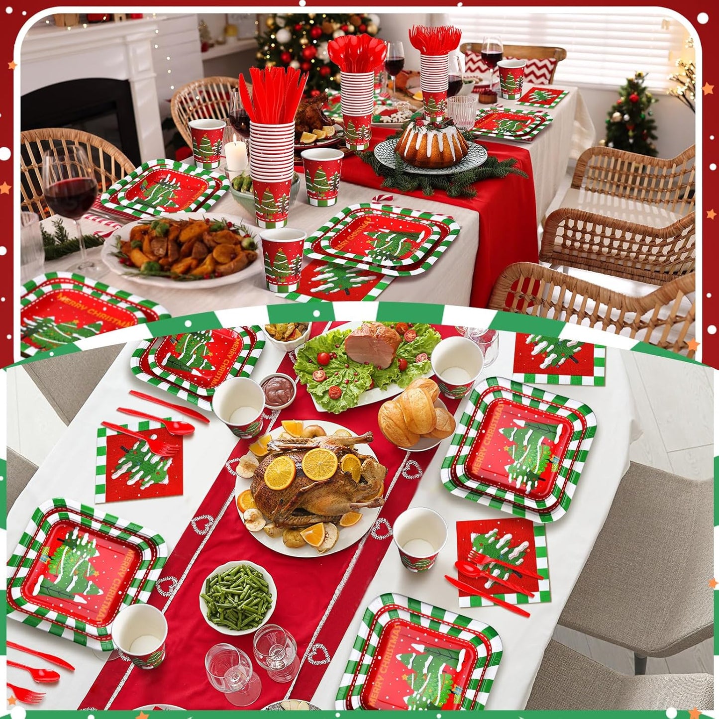350 Pcs Paper Plates and Napkins Set Disposable Dinnerware Party Supplies Tableware Serve 50 Guest Cups Knife Forks Spoon(Red,Merry Christmas)