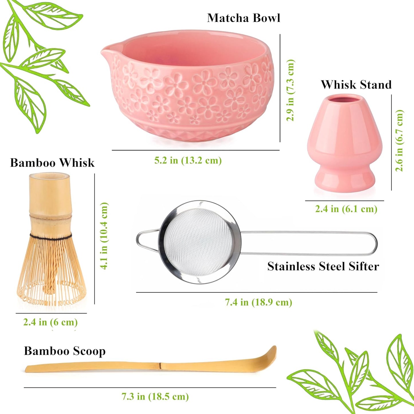 Matcha Whisk Set- Matcha Set includes Matcha Whisk and Bowl with Spout, Sifter, Holder and Scoop- The Perfect Bamboo Whisk for Matcha Tea (Rose Pink)