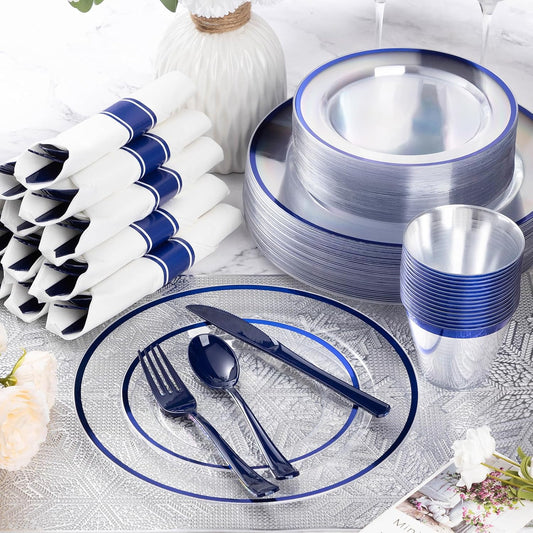 Goodluck 350 Piece Dark Blue Plastic Dinnerware Set for Party, Clear Disposable Plates for 50 Guests, Include: 50 Dinner Plates, 50 Dessert Plates, 50 Pre Rolled Napkins with Cutlery Set, 50 Cups