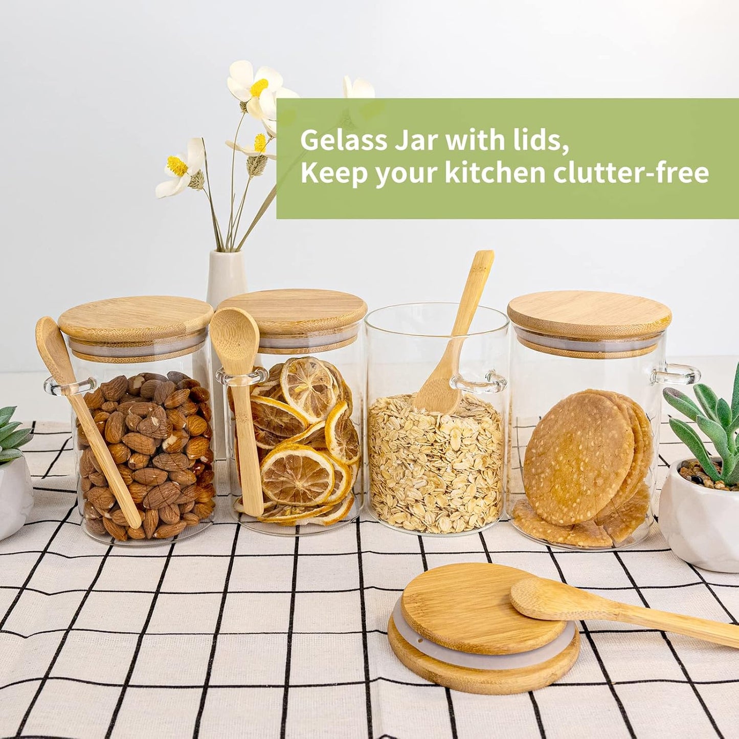 Airtight Food Storage Containers, Glass Canister With Wooden Spoon and Lids, 20 Oz Jars for Serving Bath Salt, Sugar, Spice, Coffee, Tea, Cereals, Condiment (2 Set)