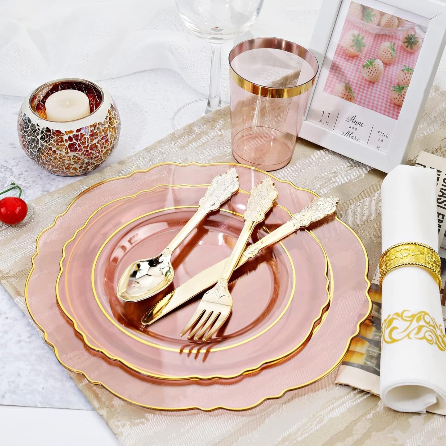 KIRE 210Pcs Clear Pink Plastic Plates with Gold Rim - Disposable Gold Silverware &Pink Cups&Hand Napkin - Plum Colored Plastic Dinnerware for Upscale Wedding