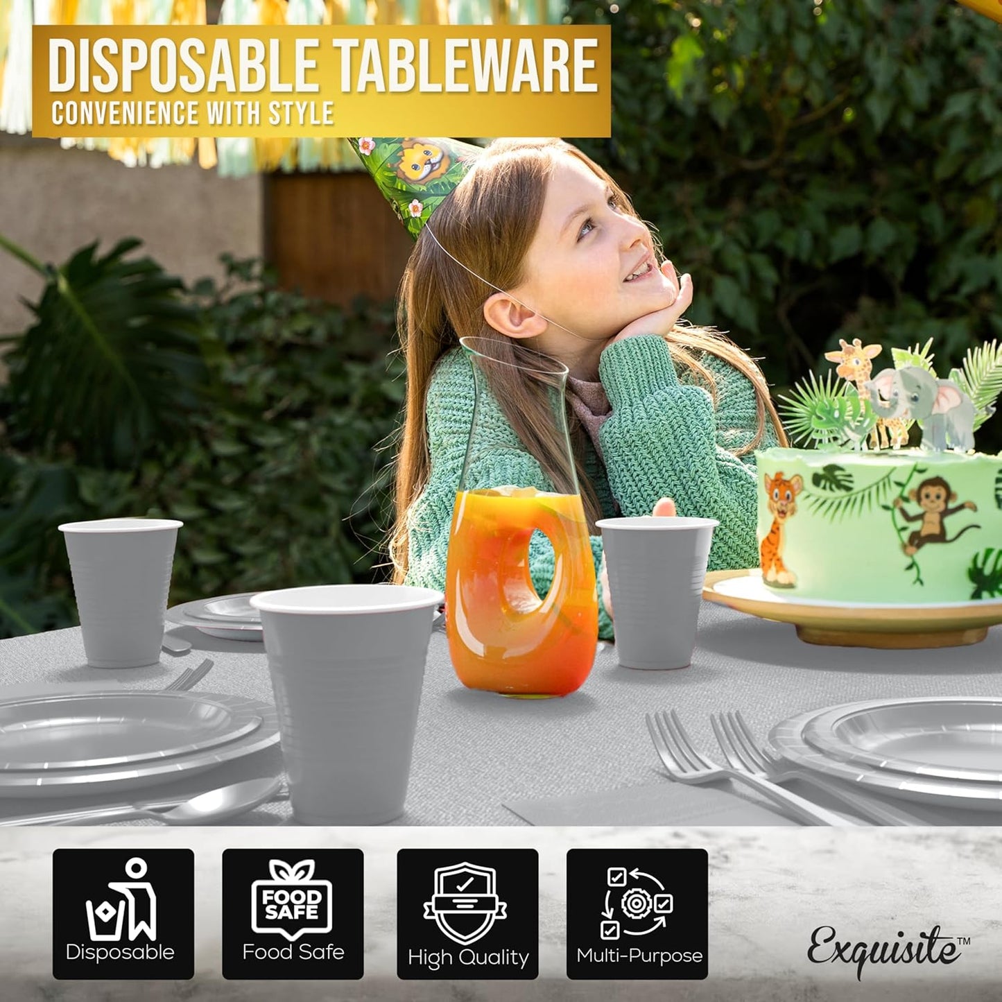 222 Pcs Silver Paper Plates and Napkins Sets, Disposable Plates For Party, Lunch & Cocktail Napkins Paper, 18oz Plastic Cups, Cutlery and Silver Table cloth Plastic Dinnerware Set