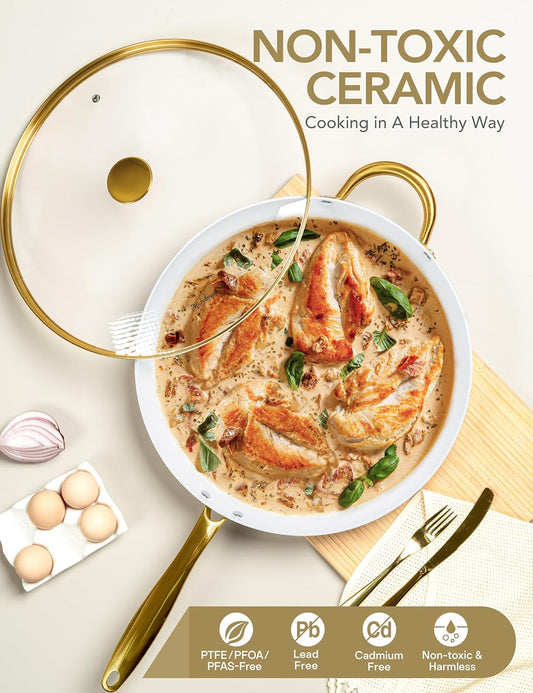 MICHELANGELO Large Frying Pan with Lid, 14 Inch Ceramic Skillet with Non-Toxic Coating, Non Stick Fry Pan with Ergonomic Handle, Induction Compatible