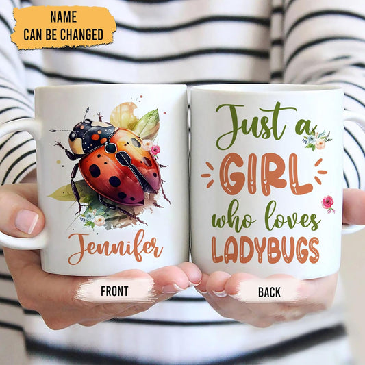 Hyturtle Personalized Gifts LadyBug Lover - Just A Girl Who Loves LadyBugs Custom Name Ceramic Coffee Mug Cup 11oz - Idea Cute Animal Lover Gifts For Women, Girl Daughter On Birthday, Christmas