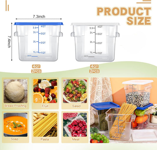 Maxcheck 4 Pcs 4Qt Food Storage Container with Lids Set Square Clear Commercial Containers with Scale and Handle Space Saving for Home Kitchen Restaurant Proof Dough Marinating Meat (White, Blue)